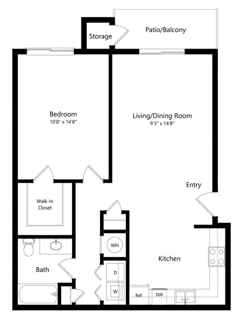 Floor plan for 1 bed, 1 bath, 796 sqft